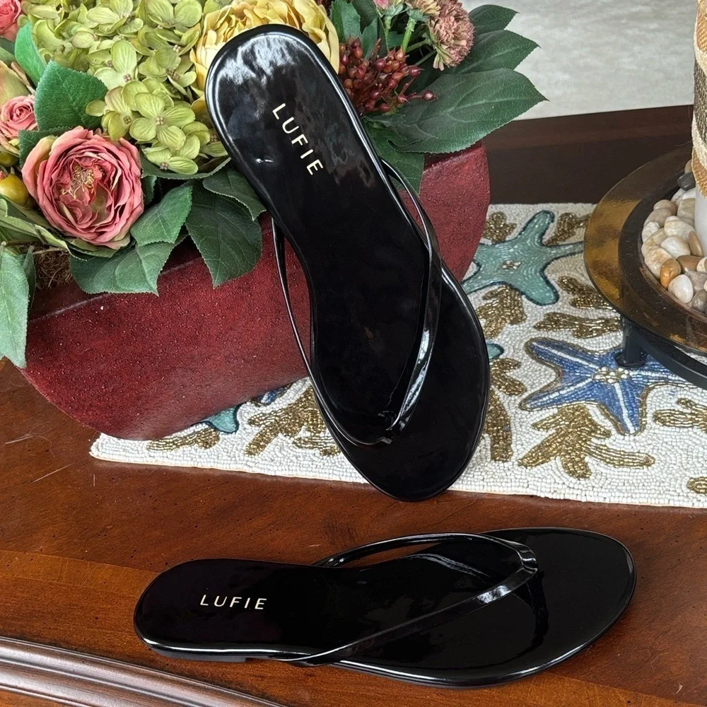 Brand New Lufie Essential Patent Black Flat Flip Flop Sandal + Comfort Thongs